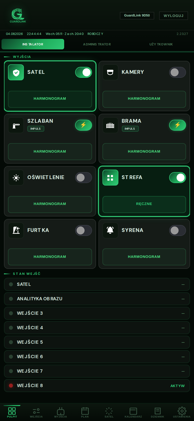 GuardLink — Pulpit: sterowanie wyjść